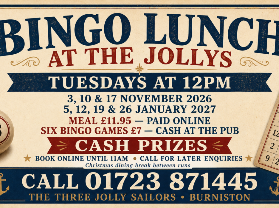 Bingo Lunch at The Jollys: Tuesdays at 12pm, 3, 10 and 17 November 2026 and 5, 12, 19 and 26 January 2027. Meal £11.95 paid online; six bingo games £7 cash at the pub.